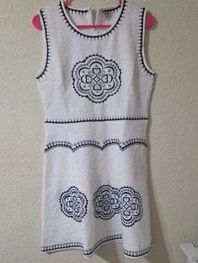 Sleeveless White Mini Dress with Navy Medallion Embroidery